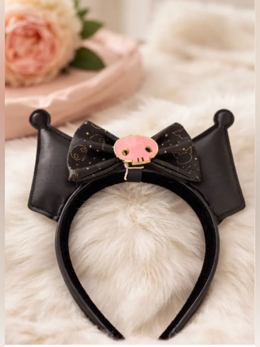 Loungefly Black Cat Ear Headband with Pink and Gold Bow